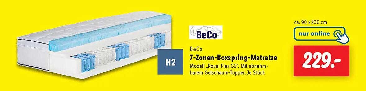 BeCo 7-Zonen-Boxspring-Matratze Modell „Royal Flex GS“ mit abnehmbarem Gelschaum-Topper, je Stück