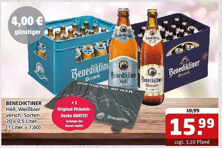 BENEDIKTINE Hell, Weißbier versch. Sorten 20 x 0,5 Liter
