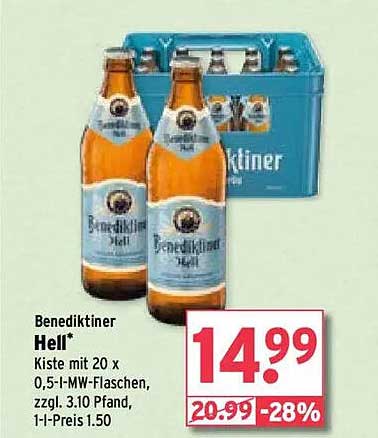 Benediktiner Hell - Kiste mit 20 x 0,5-l-MW-Flaschen