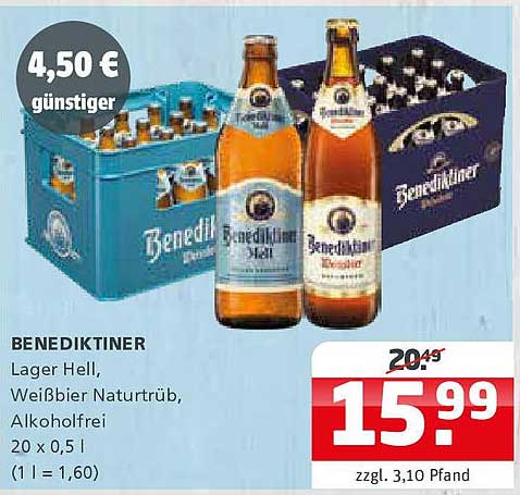 BENEDIKTINER Lager Hell, Weißbier Naturtrüb, Alkoholfrei 20 x 0,5 l