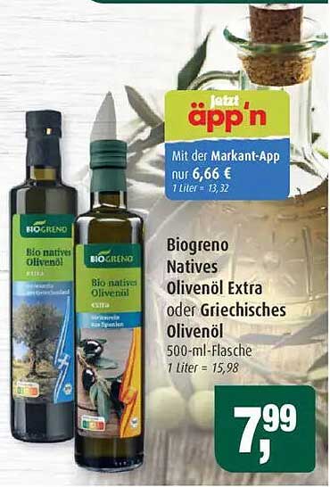 Biogreno Natives Olivenöl Extra oder Griechisches Olivenöl 500-ml-Flasche