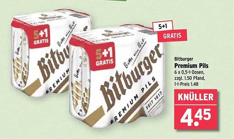 Bitburger Premium Pils 6 x 0,5 l Dosen – 5+1 Gratis