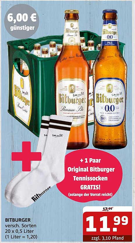 BITBURGER versch. Sorten 20 x 0,5 Liter + 1 Paar Original Bitburger Tennissocken GRATIS!