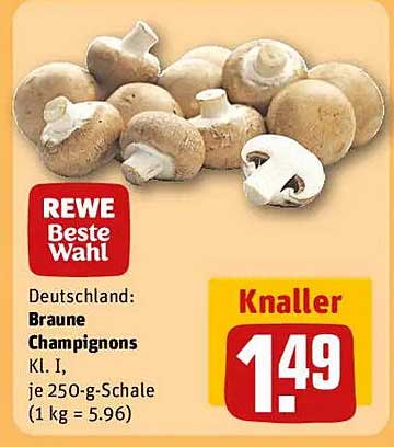 Braune Champignons Kl. I, je 250-g-Schale (1 kg = 5,96)
