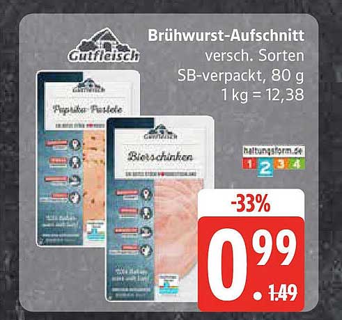 Brühwurst-Aufschnitt, verschiedene Sorten, 80 g