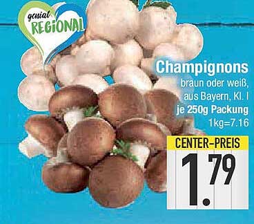 Champignons braun oder weiß, aus Bayern, Kl. I, je 250g Packung