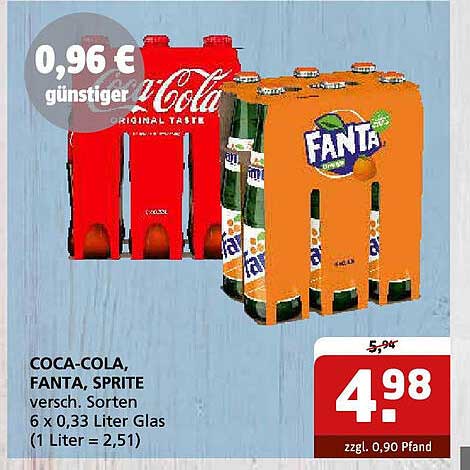 COCA-COLA, FANTA, SPRITE verschieden Sorten 6 x 0,33 Liter Glas