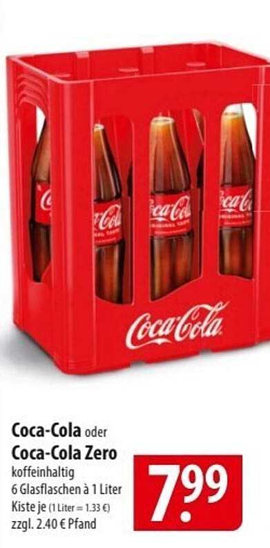 Coca-Cola oder Coca-Cola Zero Kiste mit 6 Glasflaschen à 1 Liter