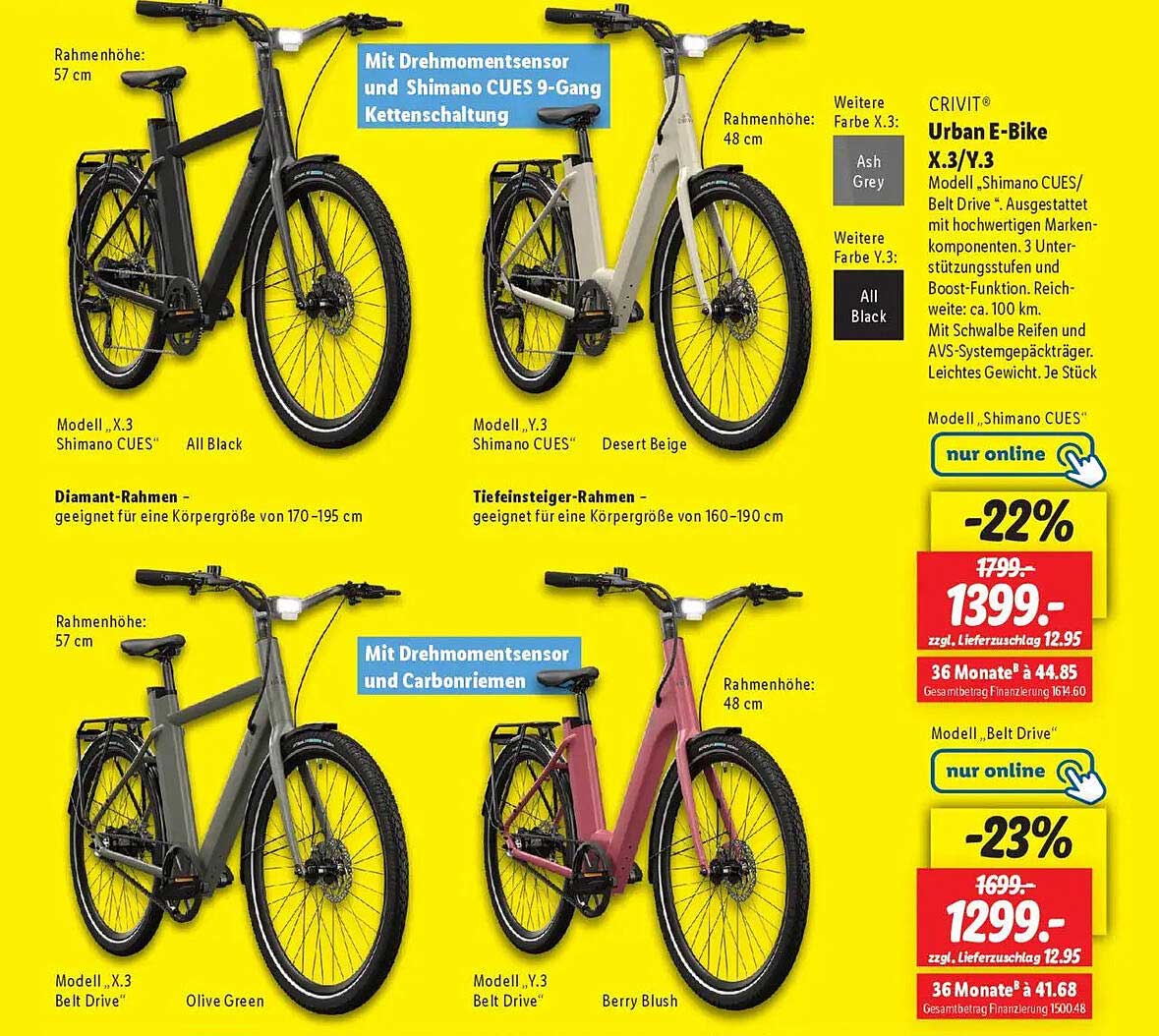 CRIVIT® Urban E-Bike X.3/Y.3 mit Shimano CUES 9-Gang Kettenschaltung