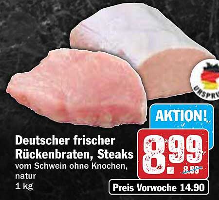 Deutscher frischer Rückenbraten, Steaks vom Schwein ohne Knochen, natur 1 kg