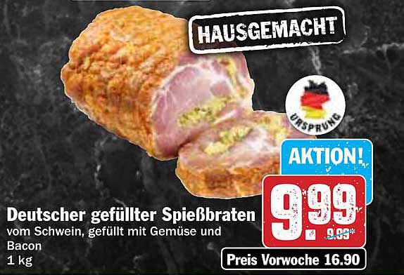 Deutscher gefüllter Spießbraten vom Schwein, gefüllt mit Gemüse und Bacon, 1 kg