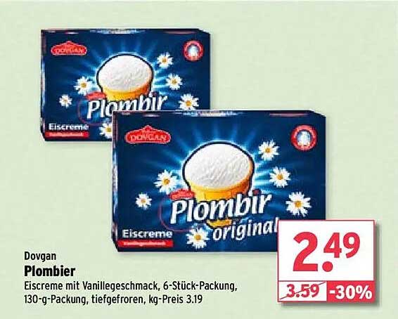 Dovgan Plombier Eiscreme mit Vanillegeschmack, 6-Stück-Packung, 130-g-Packung