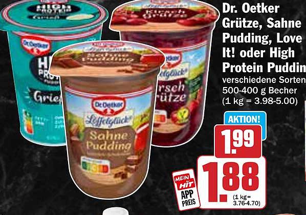 Dr. Oetker Grütze, Sahne Pudding, Love It! oder High Protein Pudding verschiedene Sorten 500-400 g Becher
