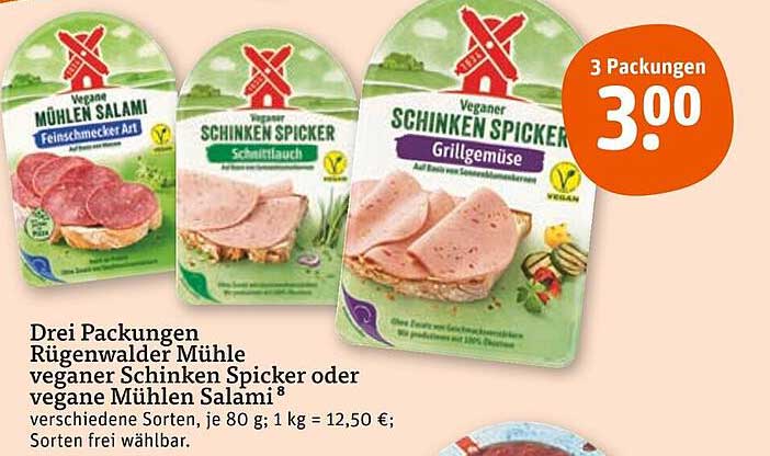 Drei Packungen Rügenwalder Mühle veganer Schinken Spicker oder vegane Mühlen Salami