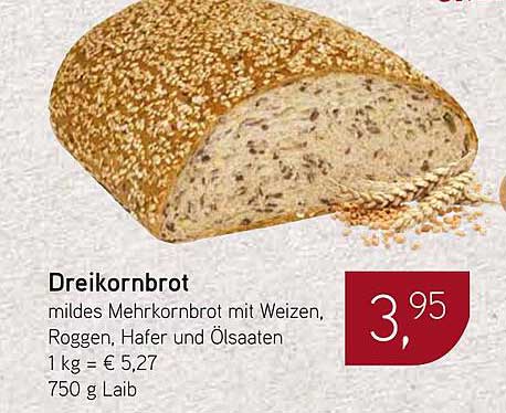 Dreikornbrot - mildes Mehrkornbrot mit Weizen, Roggen, Hafer und Ölsaaten