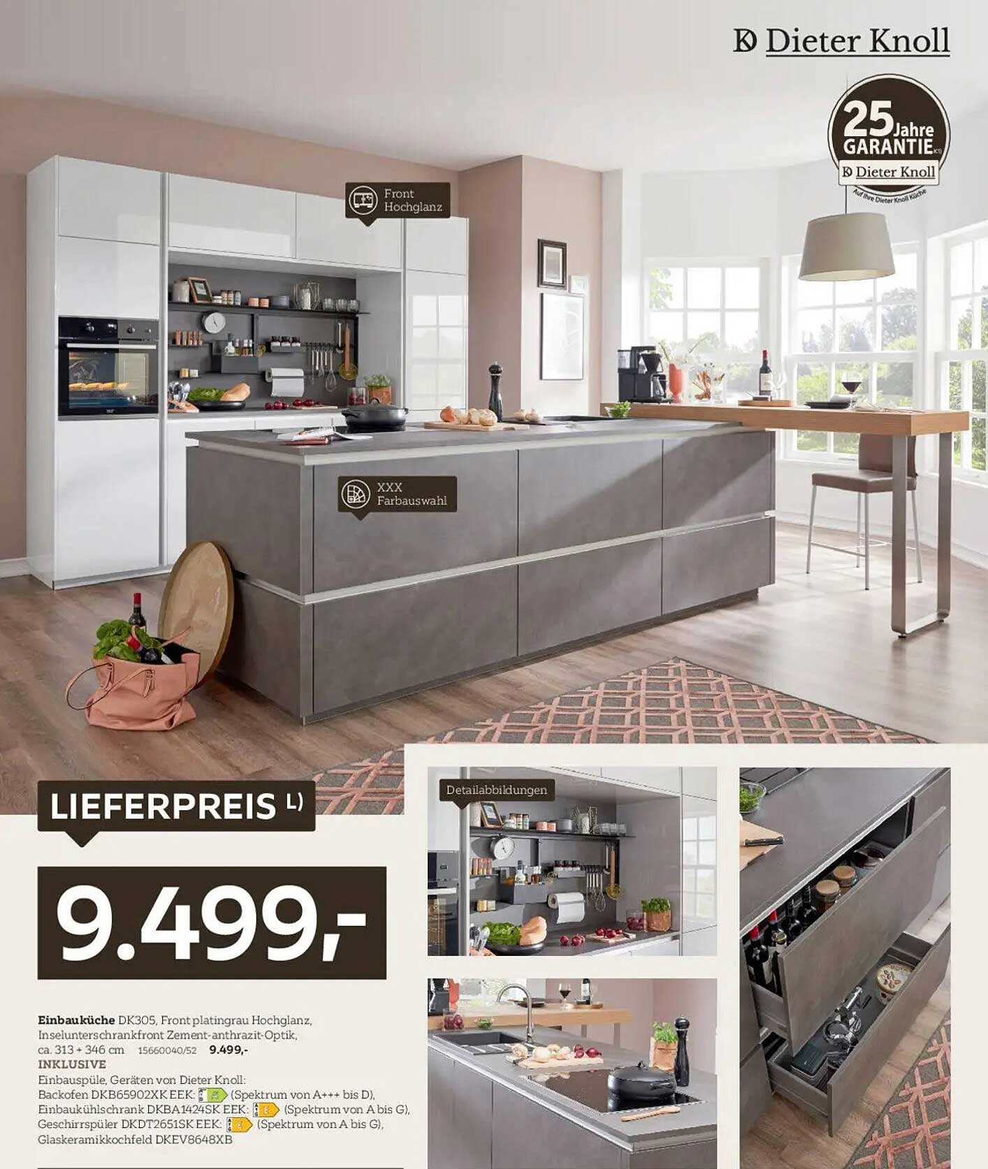 Einbauküche DK305, Front platin grau Hochglanz
