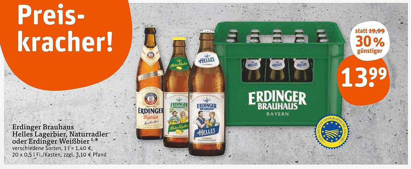 Erdinger Brauhaus Helles Lagerbier, Naturradler oder Erdinger Weißbier 20x0,5L