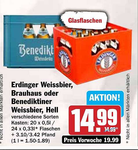 Erdinger Weissbier, Brauhaus oder Benediktiner Weissbier, Hell – Kastenangebot