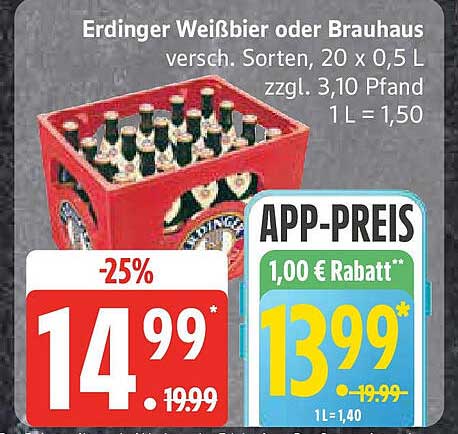 Erdinger Weißbier oder Brauhaus 20 x 0,5 L
