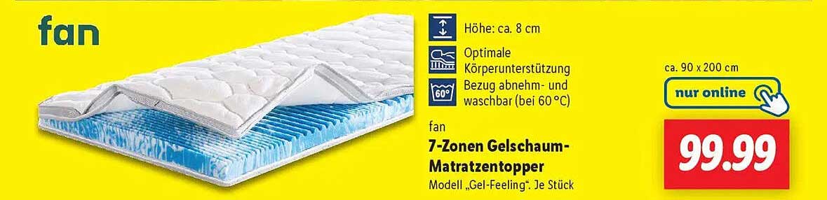 fan 7-Zonen Gelschaum-Matratzentopper Modell „Gel-Feeling“