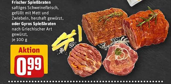 Frischer Spießbraten - saftiges Schweinefleisch, gefüllt mit Mett und Zwiebeln