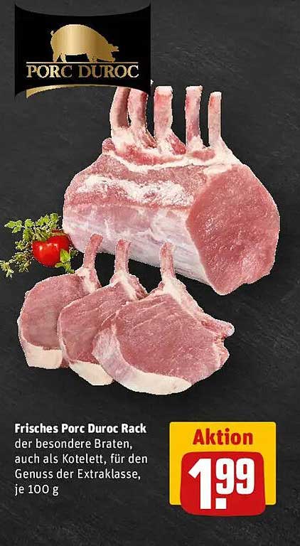 Frisches Porc Duroc Rack - der besondere Braten, auch als Kotelett, für den Genuss der Extraklasse, je 100 g