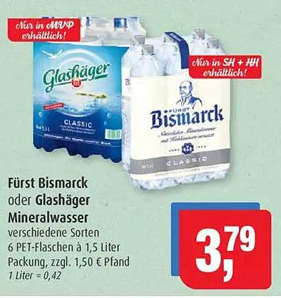 Fürst Bismarck oder Glashäger Mineralwasser - 6 PET-Flaschen à 1,5 Liter