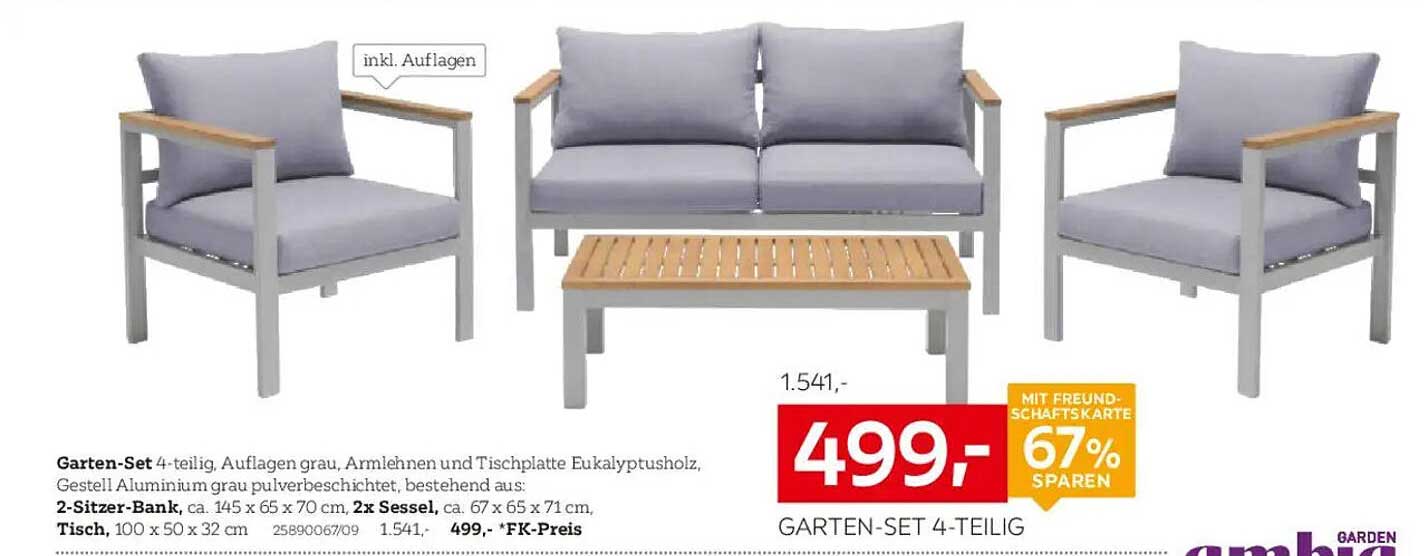 Garten-Set 4-teilig, inkl. Auflagen in grau