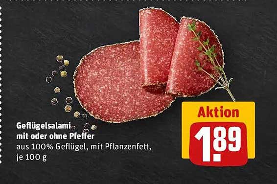 Geflügelsalami mit oder ohne Pfeffer, aus 100% Geflügel, mit Pflanzenfett, je 100 g