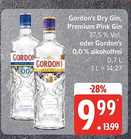 Gordon's Dry Gin, Premium Pink Gin 37,5 % Vol. oder Gordon's 0,0 % alkoholfrei, 0,7 L