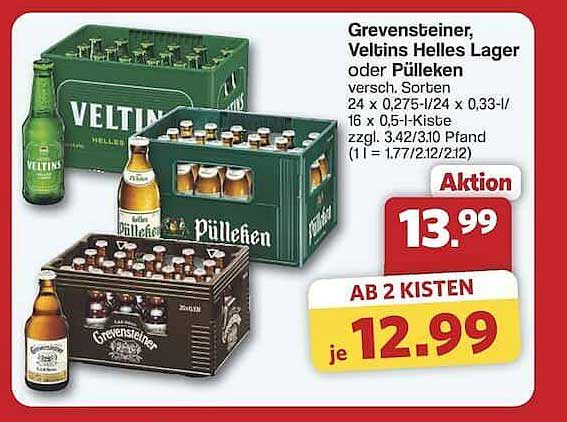 Grevensteiner, Veltins Helles Lager oder Püilleken - 12,99 € je Kiste ab 2 Kisten