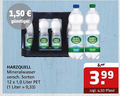 HARZQUELL Mineralwasser verschiedene Sorten 12 x 1,0 Liter PET