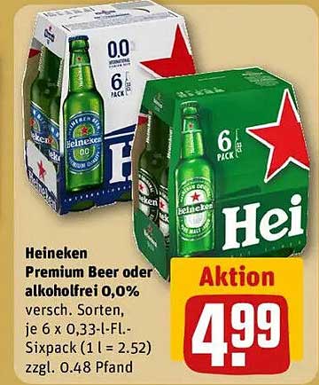 Heineken Premium Beer oder alkoholfrei 0,0%, 6er Pack
