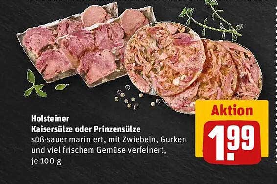 Holsteiner Kaisersülze oder Prinzensülze, süß-sauer mariniert, mit Zwiebeln, Gurken und viel frischem Gemüse verfeinert, je 100 g