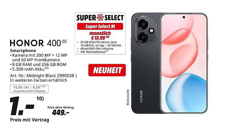 HONOR 400 Smartphone mit Vertrag für nur 1,- Euro