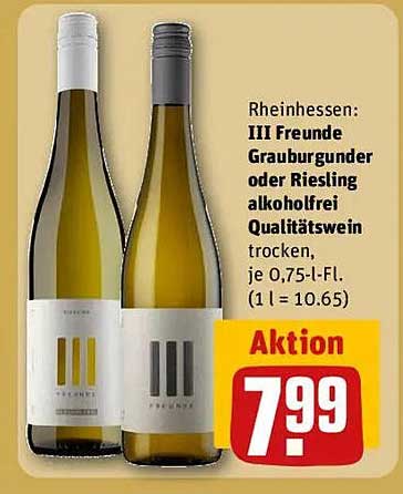 III Freunde Grauburgunder oder Riesling alkoholfrei Qualitätswein trocken, je 0,75 l-Fl.