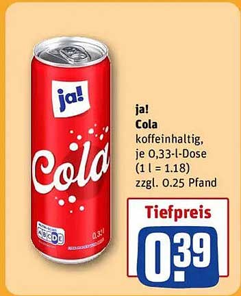 ja! Cola, koffeinhaltig, je 0,33-l-Dose