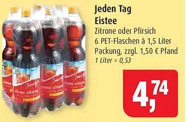 Jeden Tag Eistee Zitrone oder Pfirsich 6 PET-Flaschen à 1,5 Liter