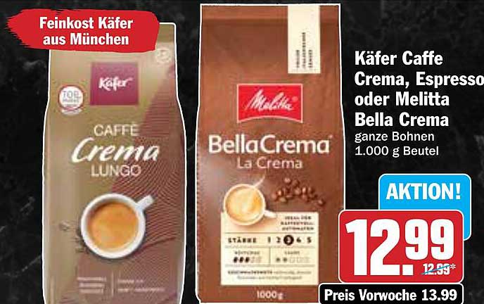 Käfer Caffe Crema, Espresso oder Melitta Bella Crema ganze Bohnen 1.000 g Beutel