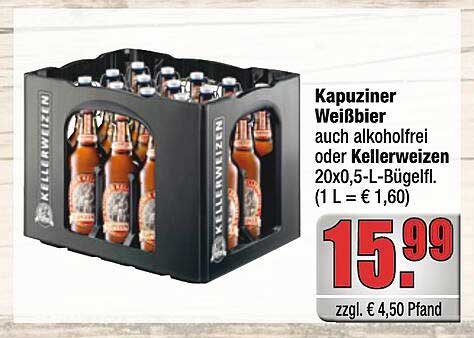 Kapuziner Weißbier auch alkoholfrei oder Kellerweizen 20x0,5-L-Bügelfl.