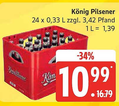 König Pilsener 24 x 0,33 L zzgl. 3,42 Pfand - 34% Rabatt