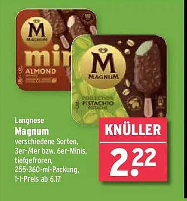 Langnese Magnum verschiedene Sorten, 3er-/4er bzw. 6er-Minis, tiefgefroren, 255-360-ml-Packung