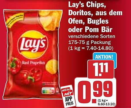 Lay's Chips, Doritos, aus dem Ofen, Bugles oder Pom Bär - versch. Sorten 175-75 g Packung