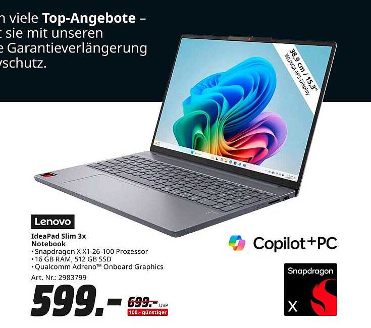 Lenovo IdeaPad Slim 3x Notebook – Snapdragon X X1-26-100 Prozessor, 16 GB RAM, 512 GB SSD