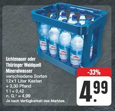 Lichtenauer oder Thüringer Waldquell Mineralwasser - 12x1 Liter Kasten
