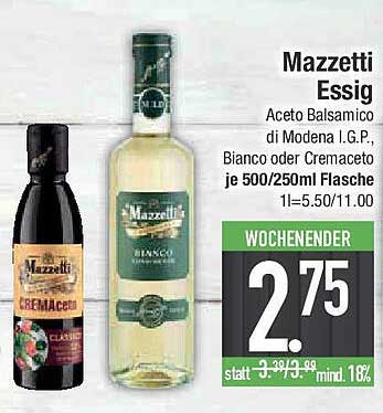 Mazzetti Essig - Aceto Balsamico di Modena I.G.P., Bianco oder Cremeaceto 500/250ml Flasche