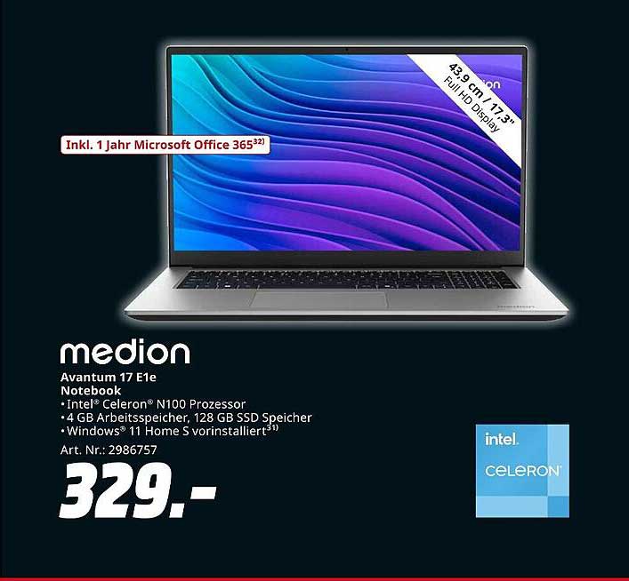 Medion Avantum 17 E1e Notebook - Inkl. 1 Jahr Microsoft Office 365