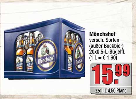 Mönchshof – Verschiedene Sorten (außer Bockbier) 20x0,5-L-Bügelflaschen