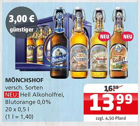 Mönchshof verschiedene Sorten – Neu: Hell Alkoholfrei, Blutorange 0,0%
