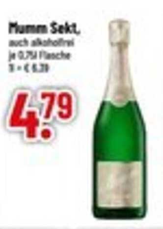 Mumm Sekt, auch alkoholfrei je 0,75 l Flasche